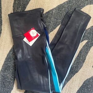 SPANX Blue stripe track faux leather leggings